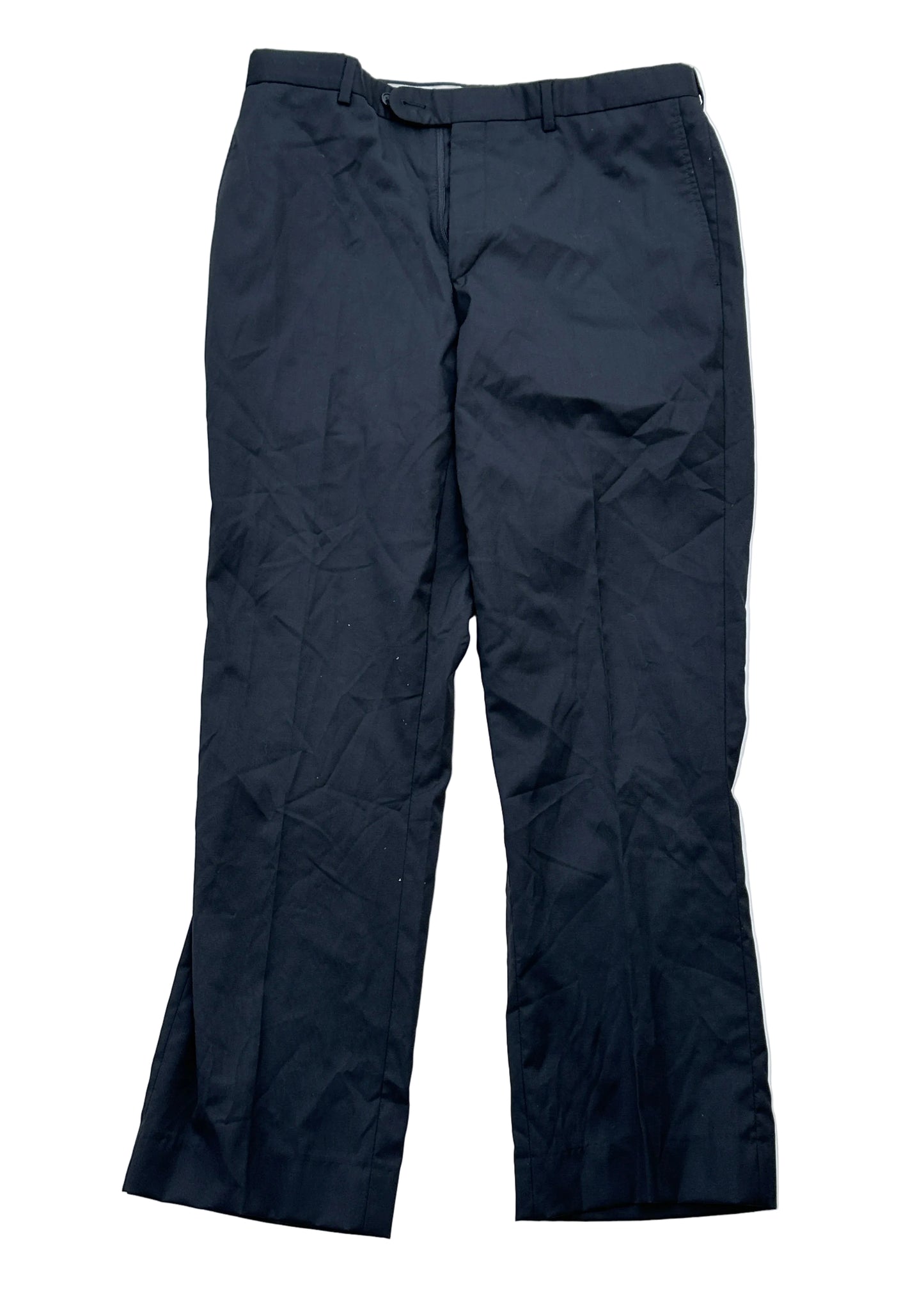 THE OFFICE: Jim's Production Used Flat front Black thin pinstripe Pants (34)