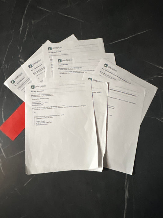 SILICON VALLEY: Gilfoyle’s printed HERO Insult Emails between Dinesh and Gilfoyle