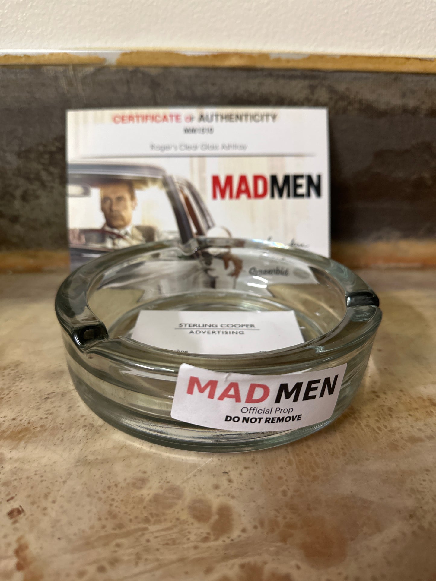 MAD MEN: Roger’s Mid Century Circular Clear Glass Ashtray and Business Card