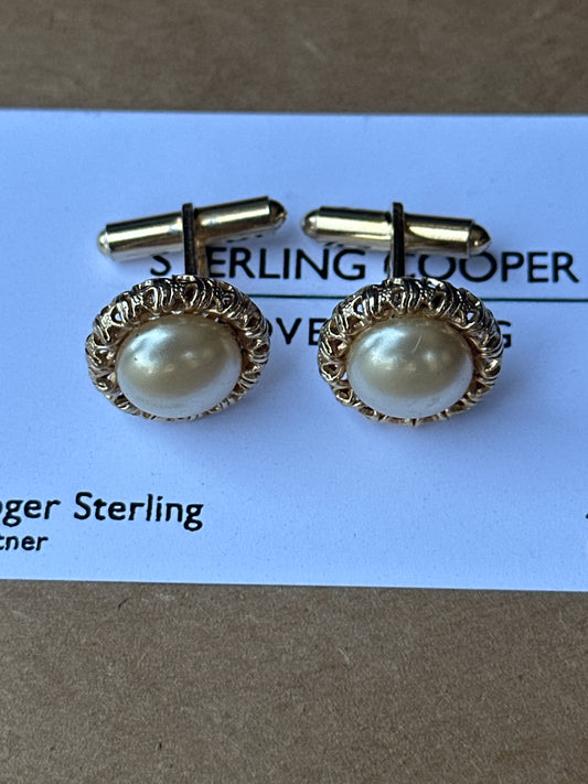 MAD MEN: Roger Sterling’s HERO Mid-Century Gold and Pearl Cufflinks & Business Card