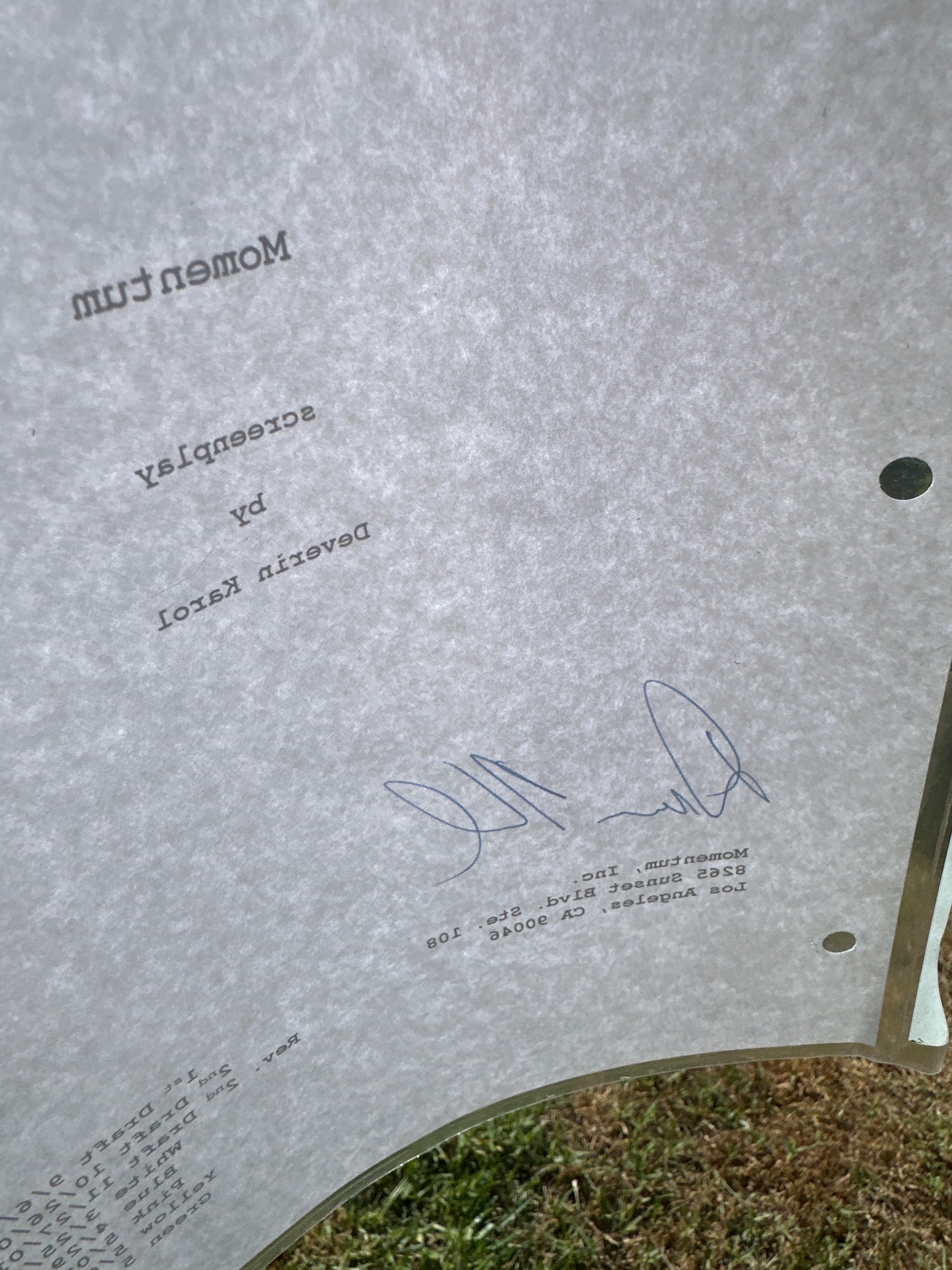 Momentum screenplay: Director (Deverin Karol) Signed Script from The MIRAMAX Archive
