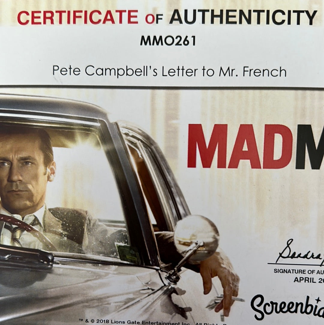Mad Men: Pete Campbell SCP Agency RFP Response Letter for Dehydrated Foods addressed to Mr. French