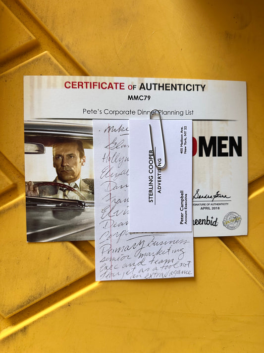 Mad Men: Pete's Corporate Dinner Planning List and Card