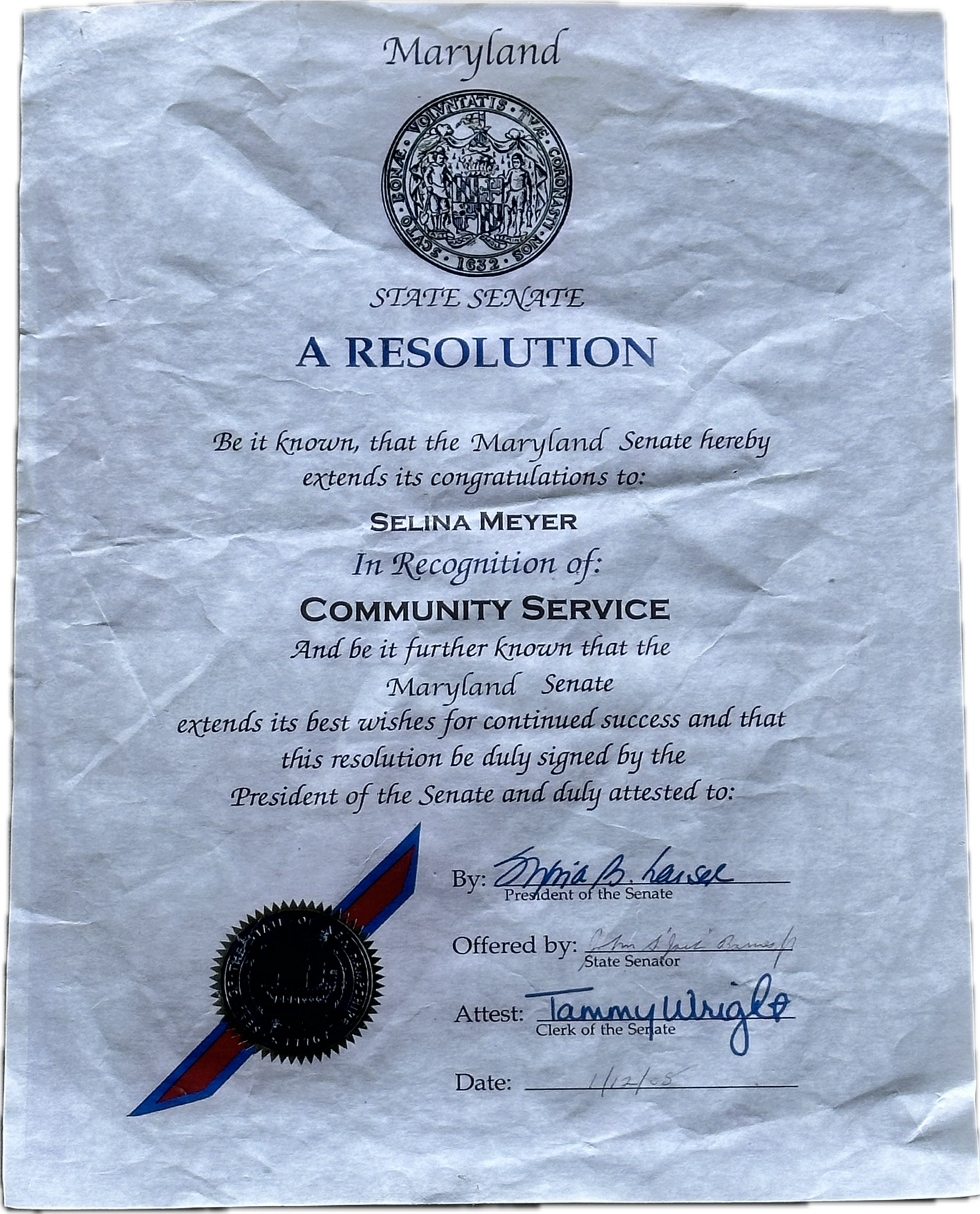 VEEP: Selina’s State of Maryland Community Service Award