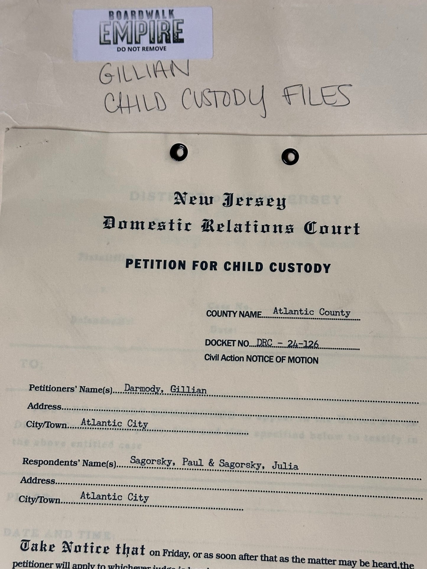 Boardwalk Empire: Gillian Darmody’s Child Custody Paper Props from Episode 411