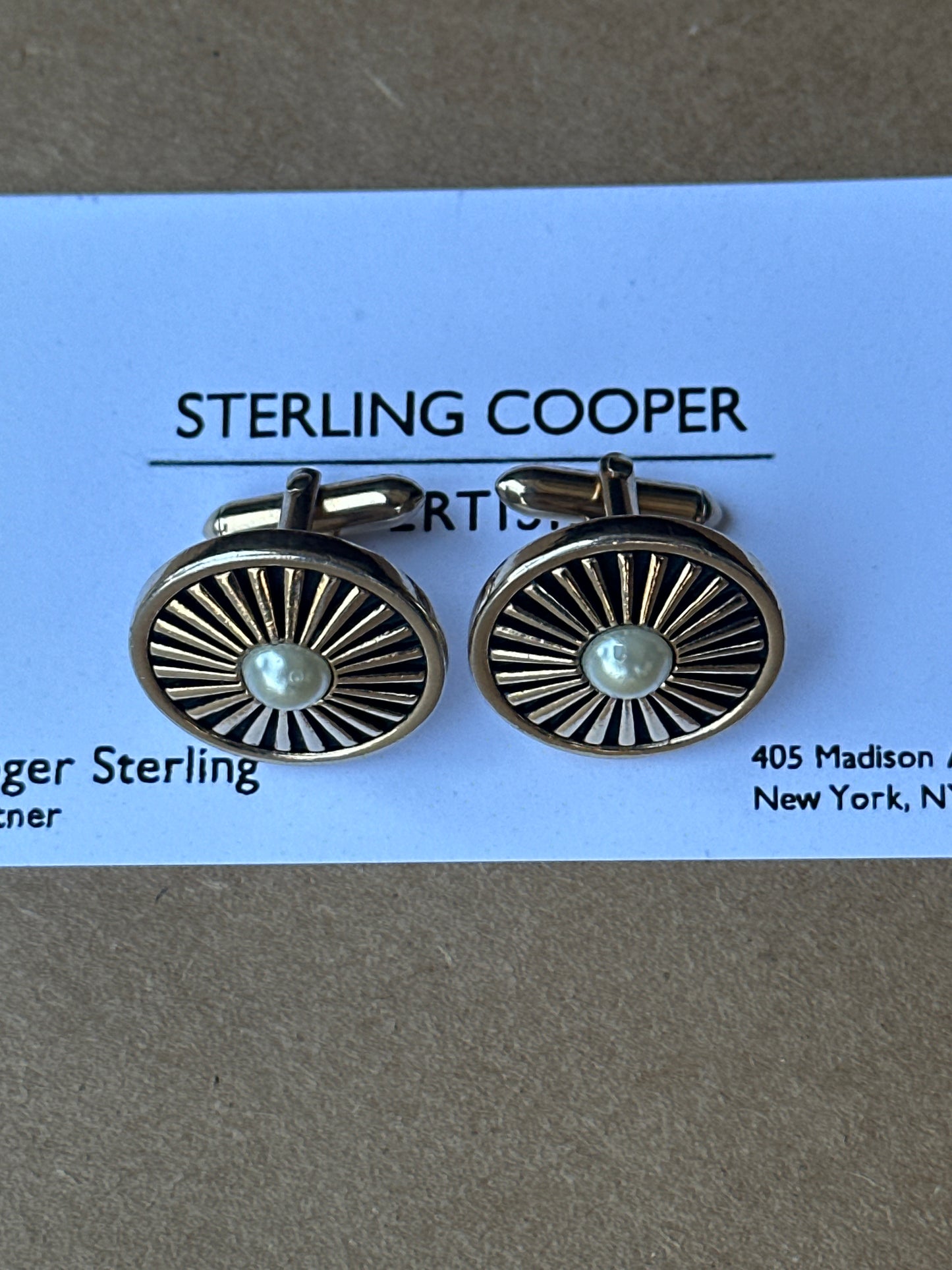 MAD MEN: Roger Sterling’s HERO Mid-Century Gold Black and Pearl Cufflinks & Business Card
