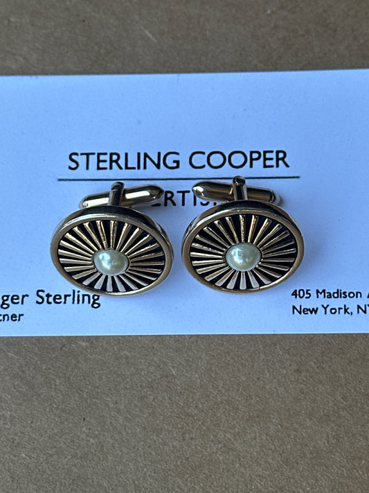 MAD MEN: Roger Sterling’s HERO Mid-Century Gold Black and Pearl Cufflinks & Business Card