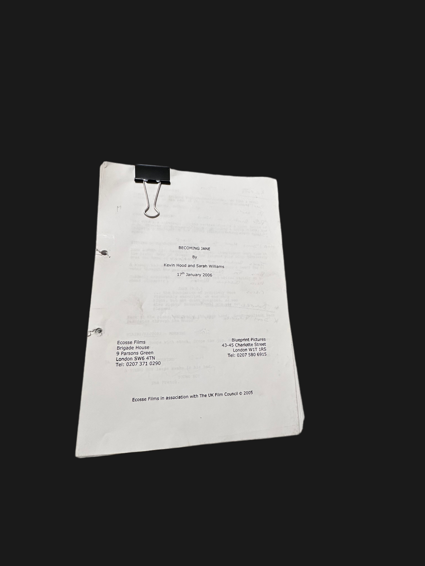 BECOMING JANE MOVIE: Director Kevin Hood’s working Script with notes