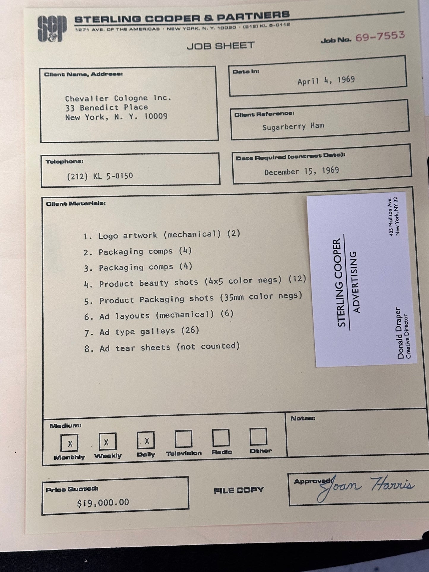 Mad Men: Bob Benson's Dow Chemical Creative Brief 1-page & Don Draper SC&P Business Card