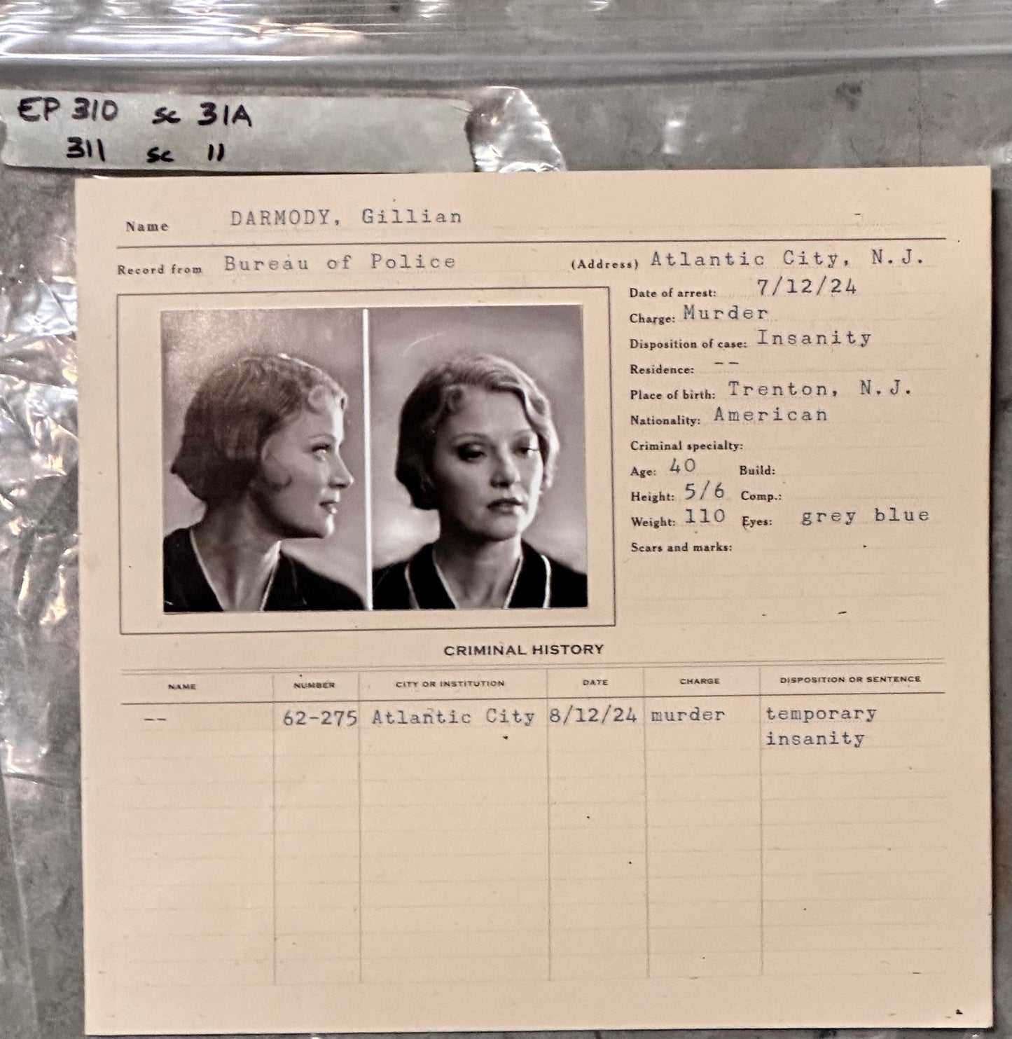 BOARDWALK EMPIRE: Mugshot Record of Gillian Darmody from Episode 310