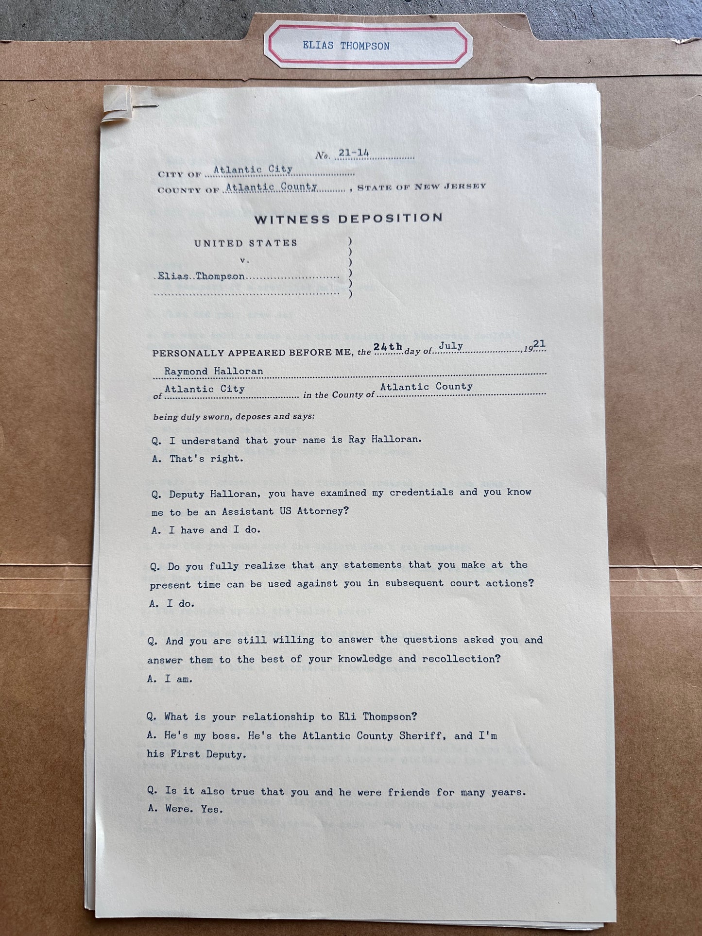 Boardwalk Empire: Elias "Eli" Thompson FBI Criminal File Folder from the Series