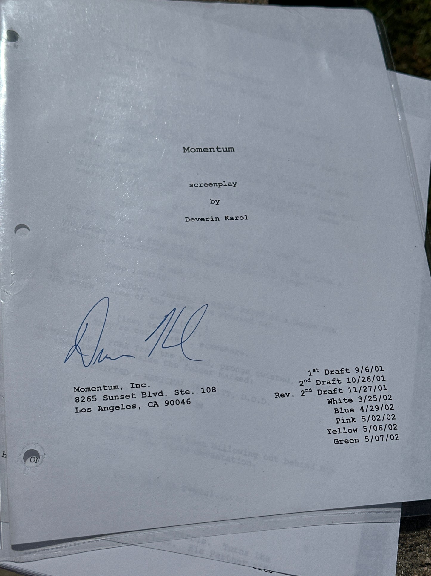Momentum screenplay: Director (Deverin Karol) Signed Script from The MIRAMAX Archive