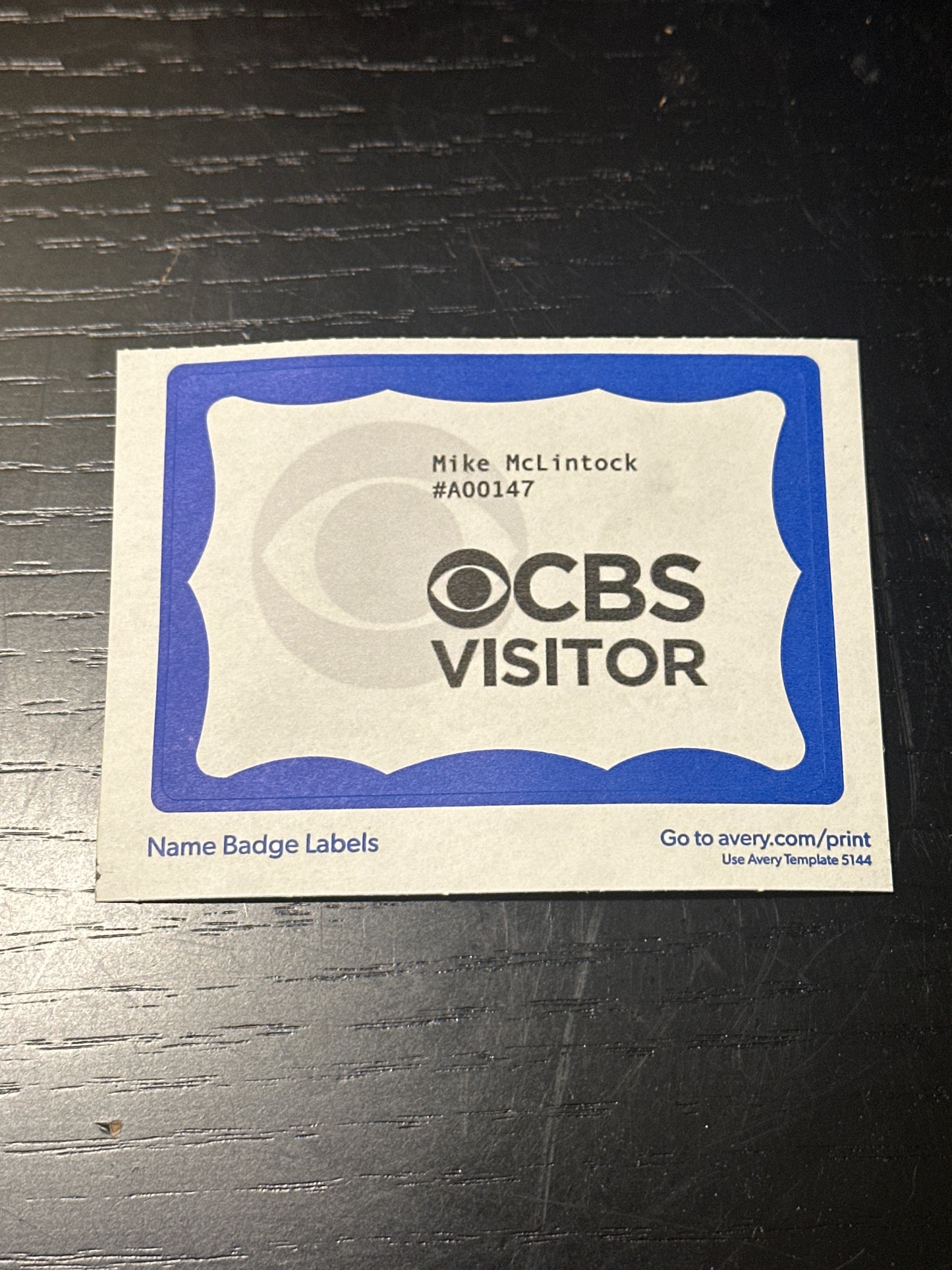 VEEP: Mike McLinton CBS VISITOR Name Tag