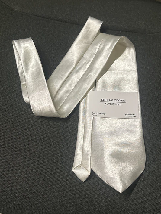 MAD MEN: Roger's Vintage White Silk Custom Necktie with Sterling Cooper Business Card