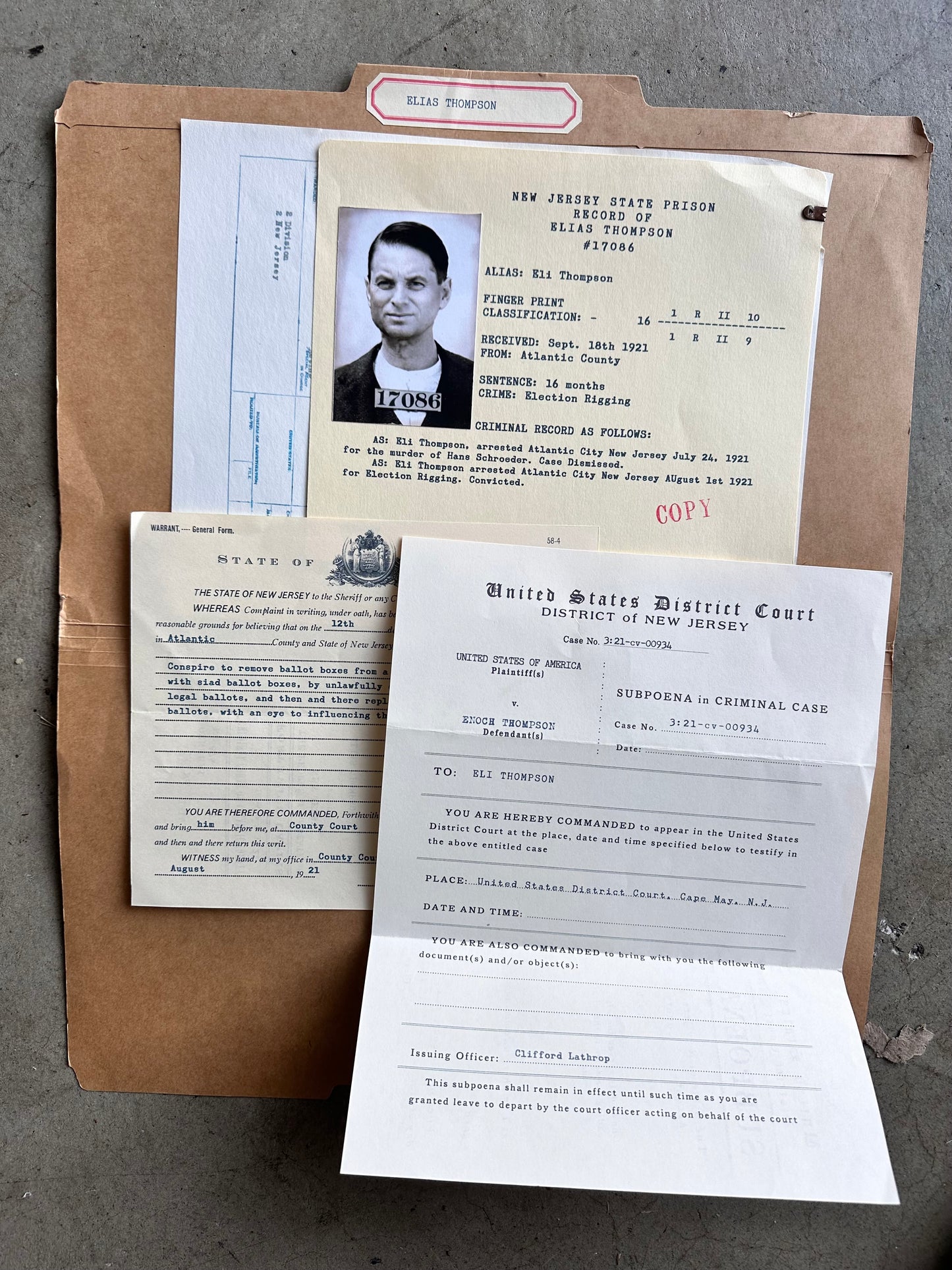 Boardwalk Empire: Elias "Eli" Thompson FBI Criminal File Folder from the Series