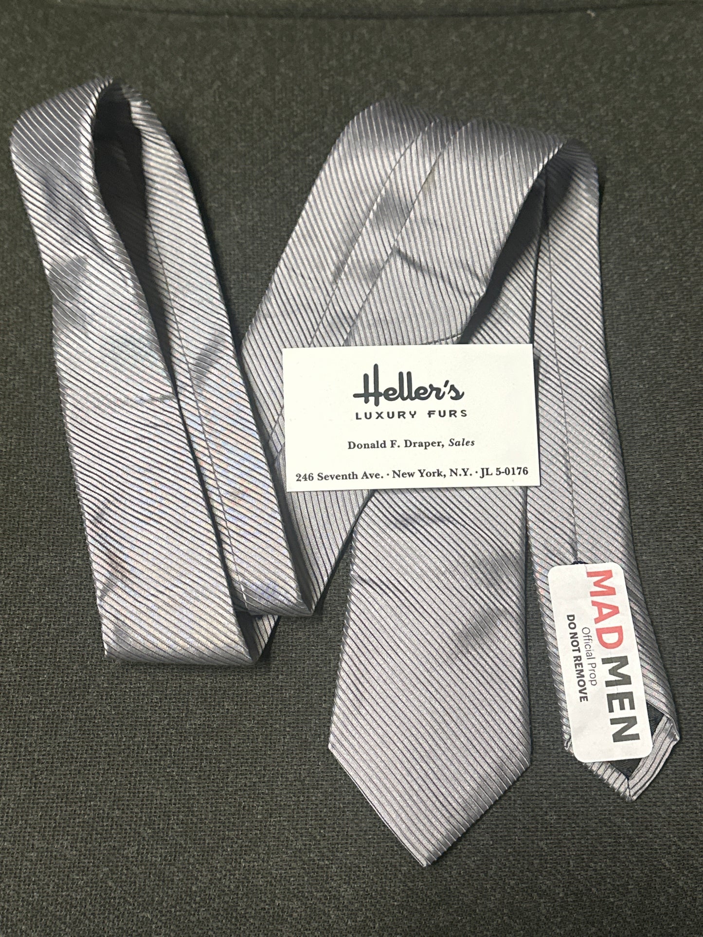 MAD MEN: Don Draper’s vintage Silver skinny silk Necktie and Business Card