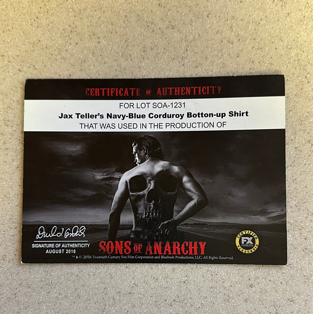 SONS OF ANARCHY: Jax Teller's Navy-Blue Corduroy Shirt (M)
