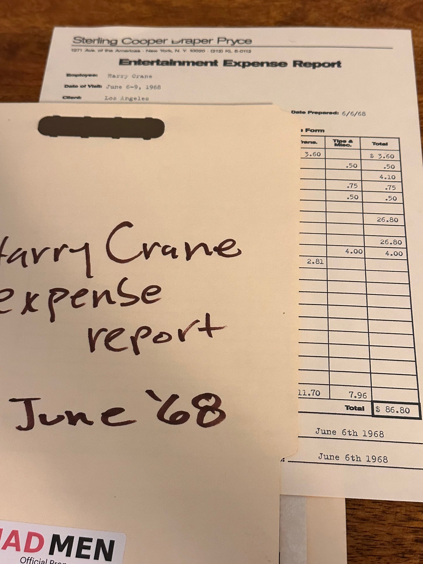 Mad Men: Harry Crane's Expense Report