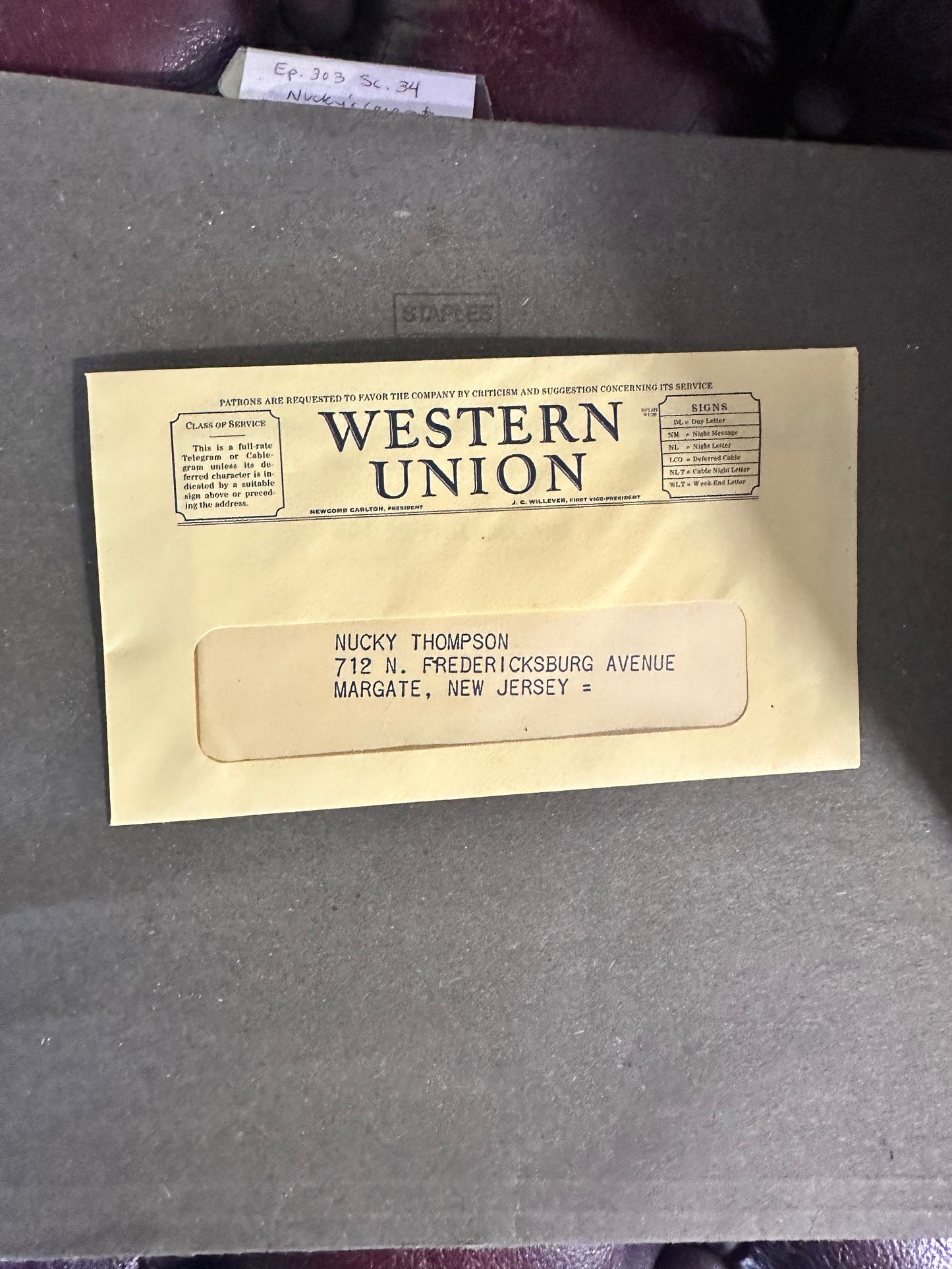 Boardwalk Empire: Nucky Thompson's Western Union Telegram Envelope - Season 3, Episode 3 "Bone for Tuna"
