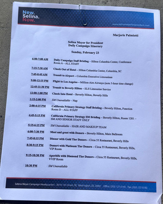 VEEP: Marjorie Palmiotti’s Selina Meyer Custom Campaign Schedule