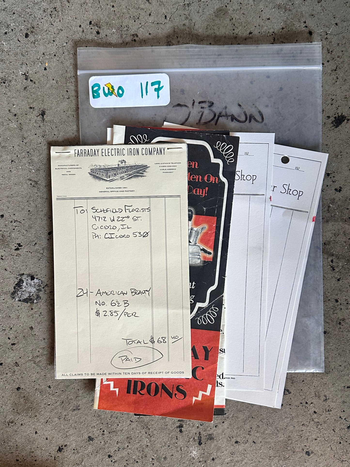 Boardwalk Empire: O'Banion's Schofield's Flower Shop bloody Invoices + Iron Order Receipt