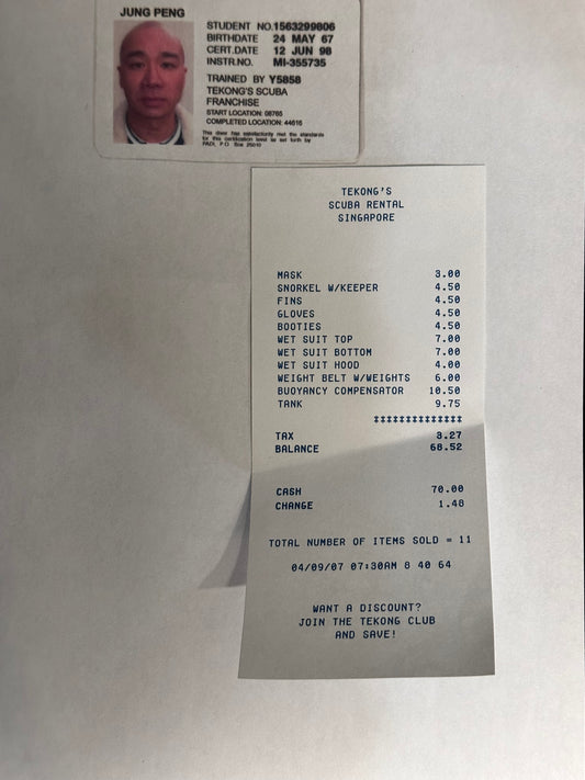 House: Jung Peng Scuba Diving Receipt and ID photocopy
