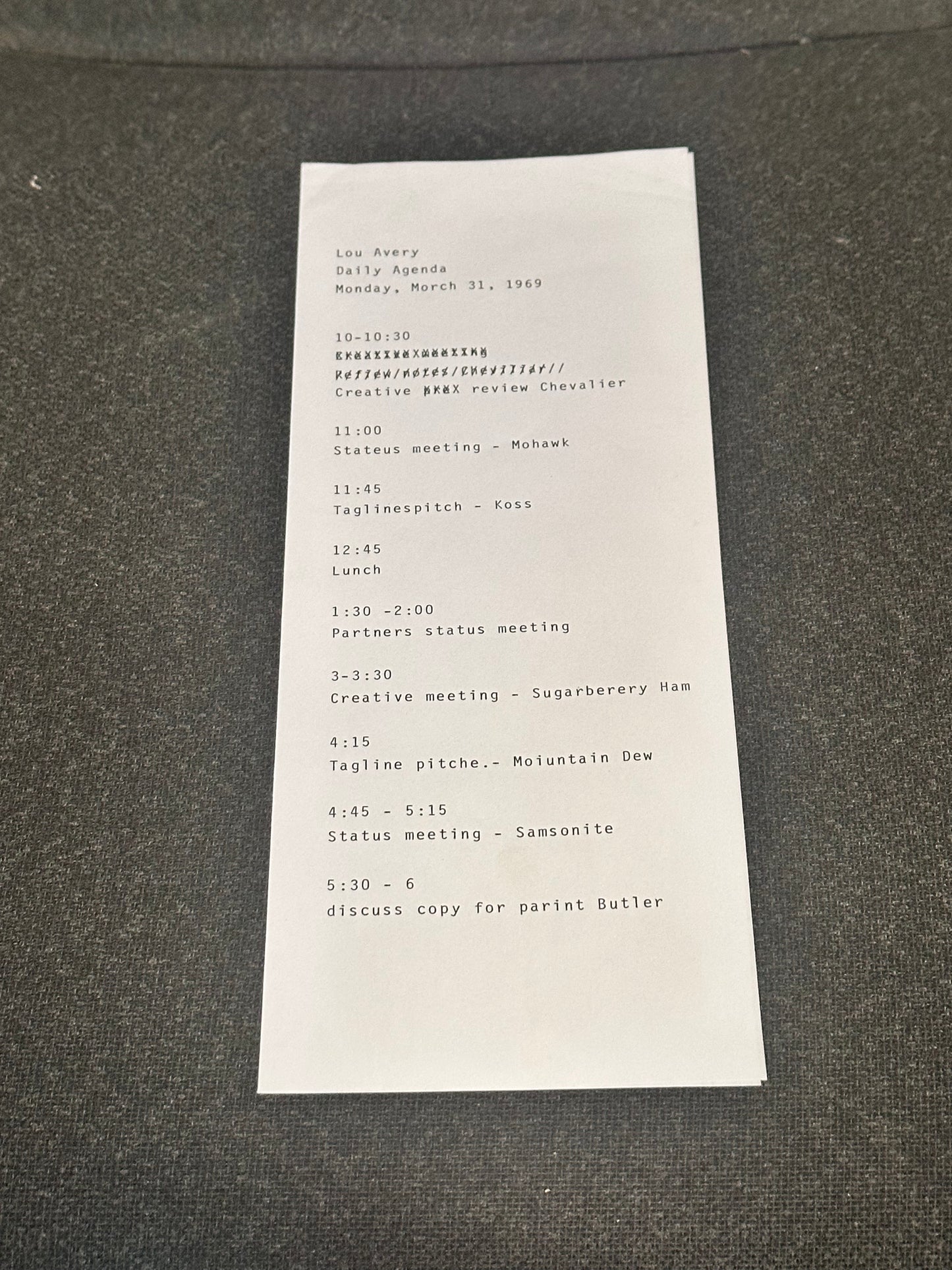 Mad Men: Lou Avery's typed schedule