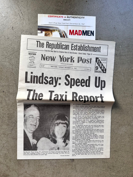 MAD MEN: Don Draper HERO Vintage NY Post Newspaper Set Decoration from Episode 604