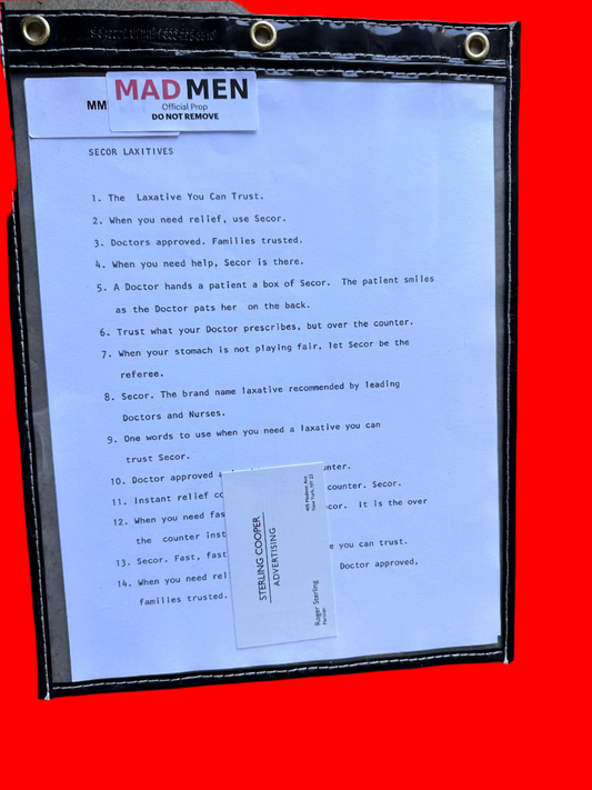 Mad Men: Roger’s Sterling Cooper & Partners SECOR LAXITIVES Ad Copy Concepts + Business Card