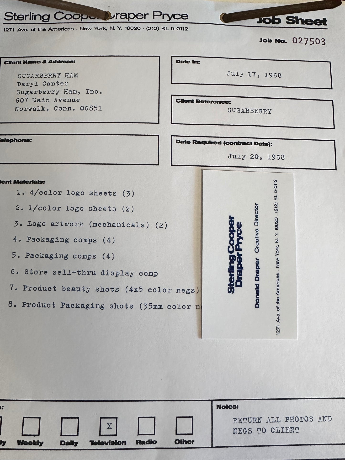 Mad Men: Joan's Sugarberry Ham, Inc. JOB SHEET 027503 with Don’s Business Card