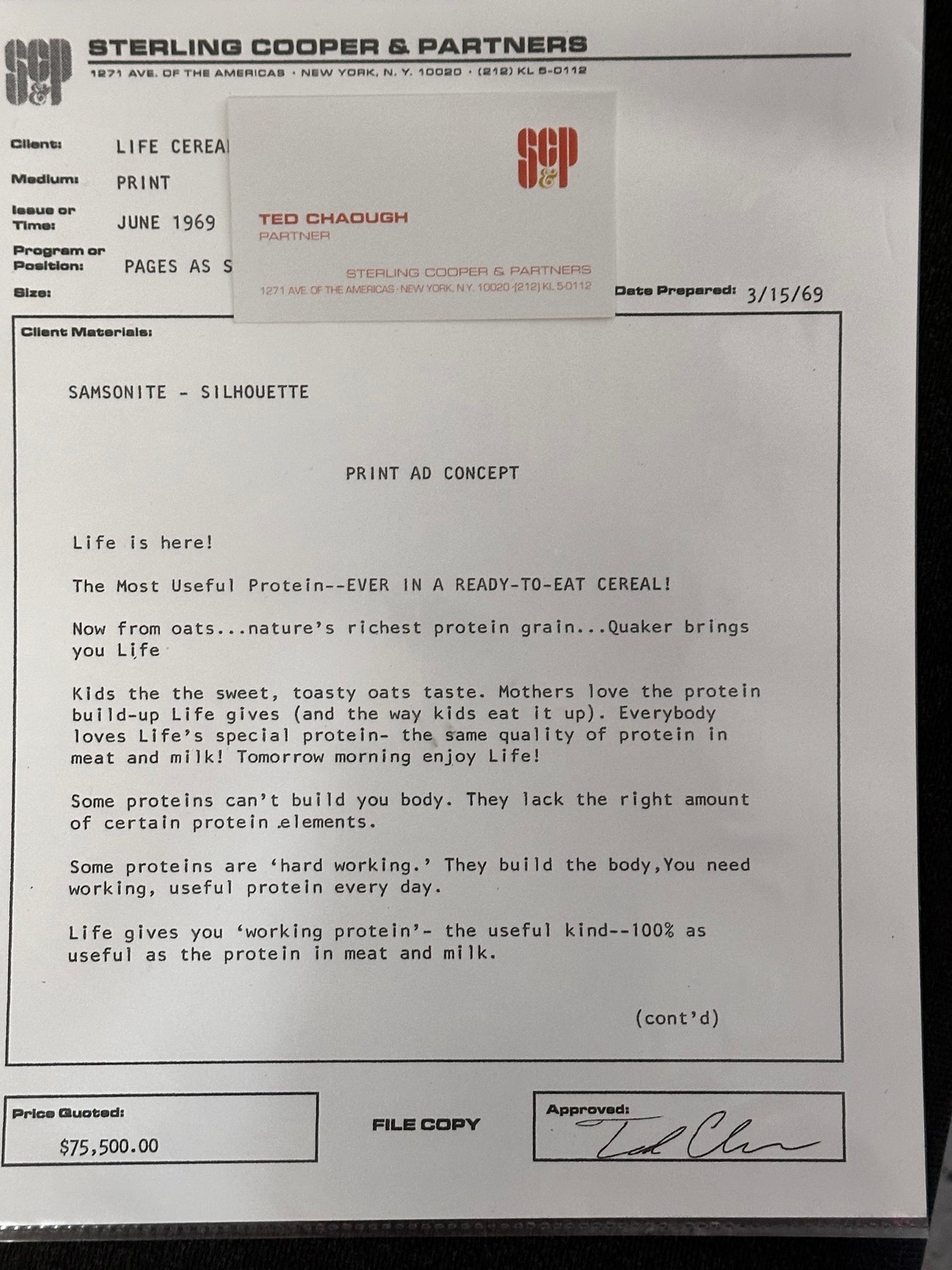 Mad Men: Ted Chaough's Approved Samsonite Print Ad Concept with Business Card