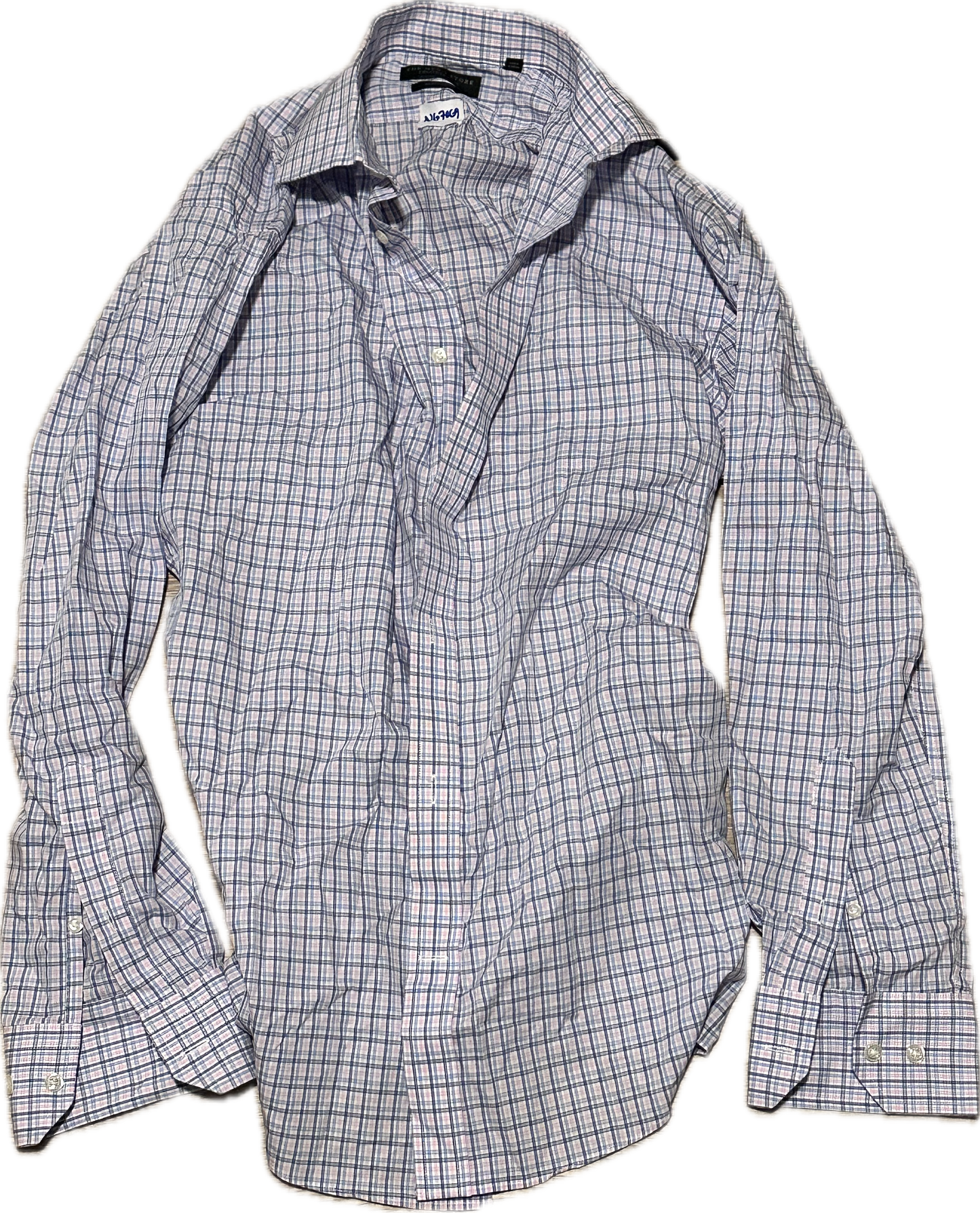 NEW GIRL: Schmidt's Bloomingdales pink blue and white Plaid Button Down Shirt (M)