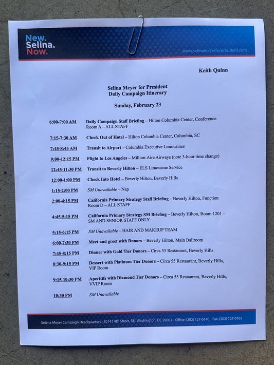VEEP: Keith's Daily Campaign Itinerary