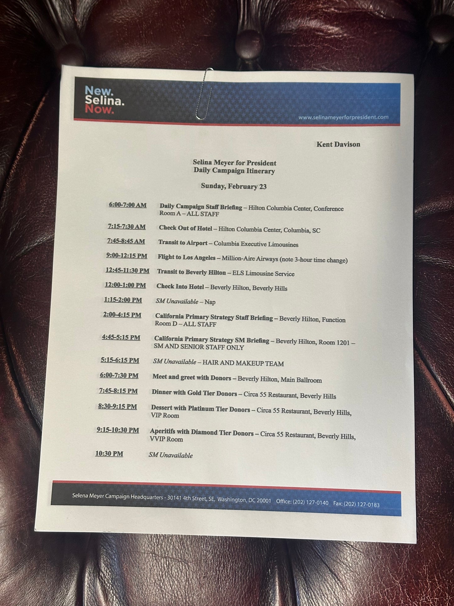 VEEP: Kent's Daily Campaign Itinerary