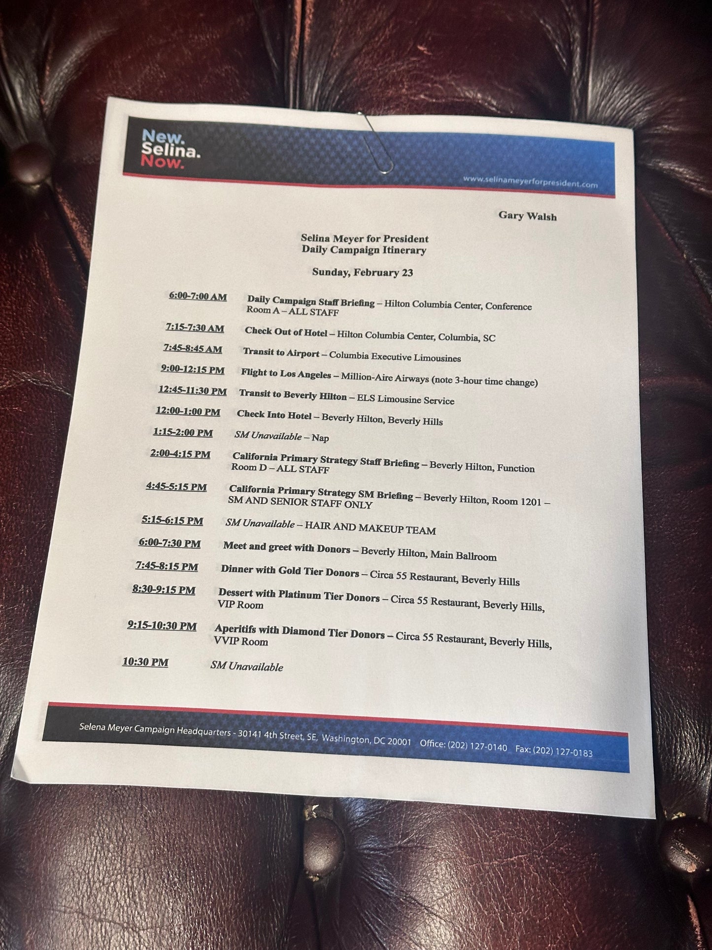 VEEP: Gary's Selina Meyer Custom Campaign Schedule Itinerary