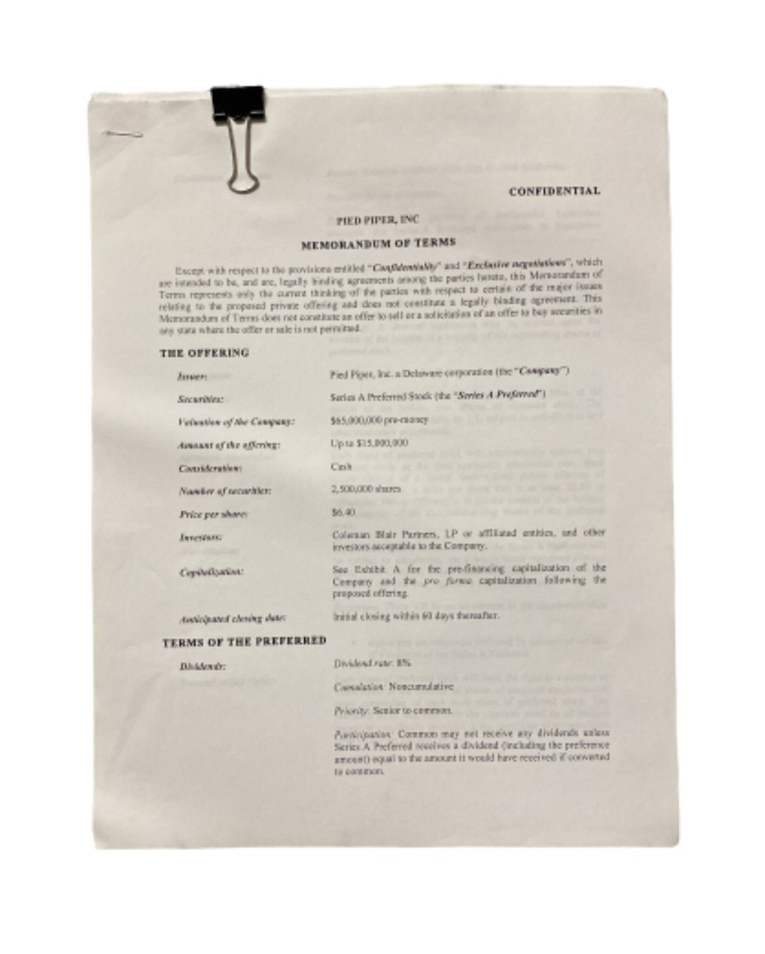 SILICON VALLEY: Pied Piper Memorandum of Terms for Coleman Blair