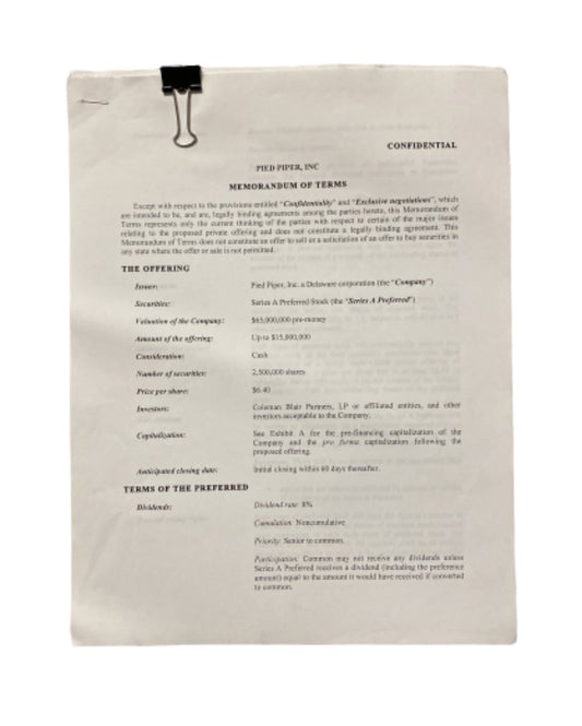 SILICON VALLEY: Pied Piper Memorandum of Terms for Coleman Blair