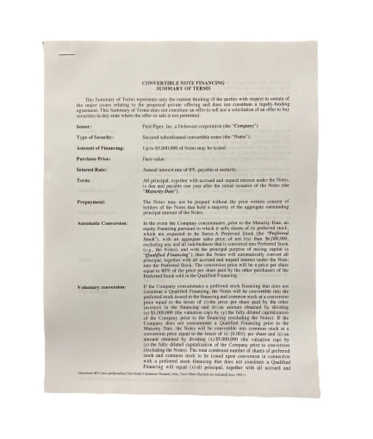 SILICON VALLEY: Pied Piper Convertible Note Financing Summary of Terms