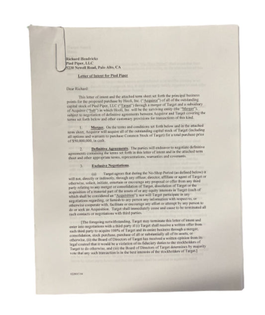 SILICON VALLEY: Target's Letter of Intent for Pied Piper