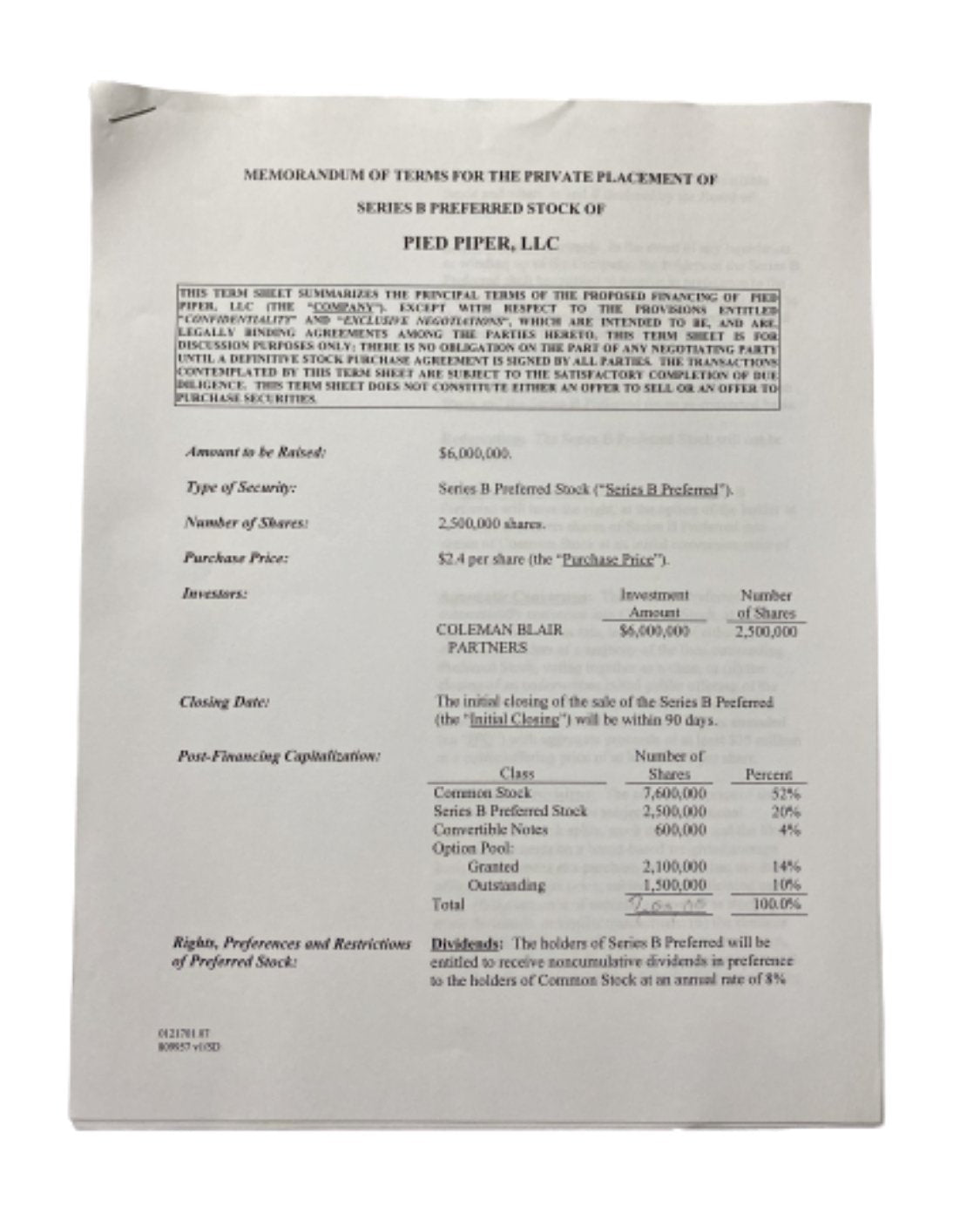 SILICON VALLEY: Memorandum of Terms for the Private Placement of Series B Preferred Stock of Pied Piper