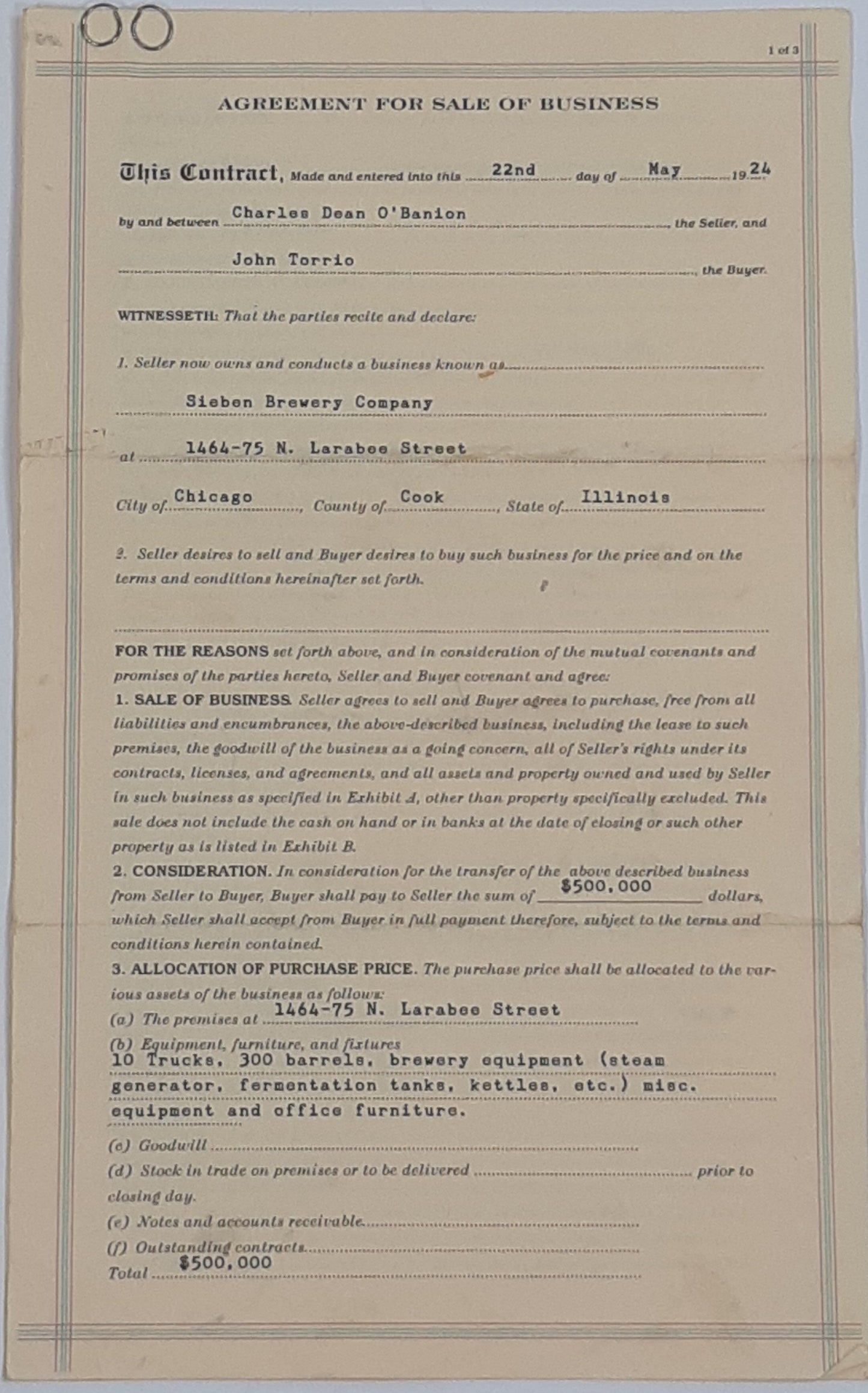 Boardwalk Empire: Sieben Charles “Dion” O’Banion and Johnny Torrio, Brewery Company Sale Agreement from Episode 405