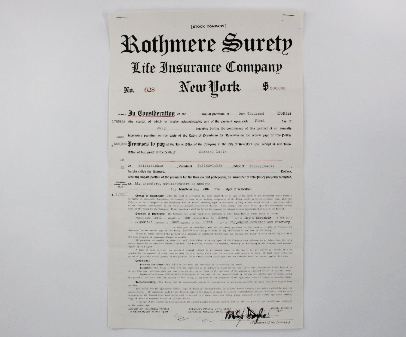 Boardwalk Empire's Rothmere Surety Life Insurance Policy For Michael Doyle (1)