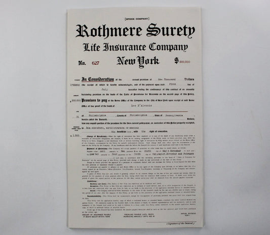 Boardwalk Empire's Rothmere Surety Life Insurance Policy For Leo D'Alessio, Cover Page Only (43)