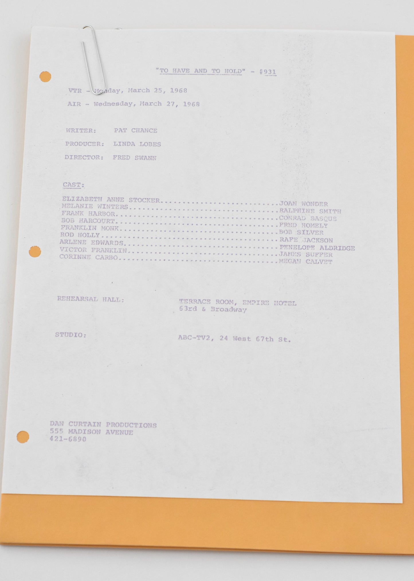 Mad Men: Ep. 604 "To Have and to Hold" Cast List and Envelopes