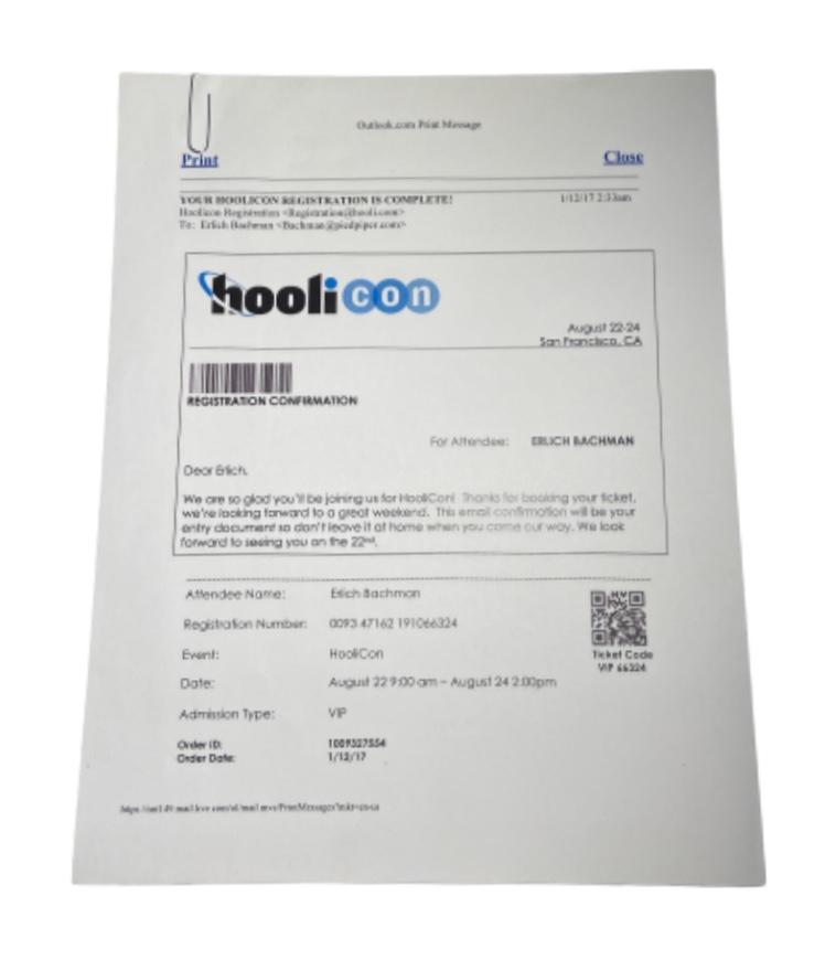 SILICON VALLEY: HooliCon Registration Confirmation