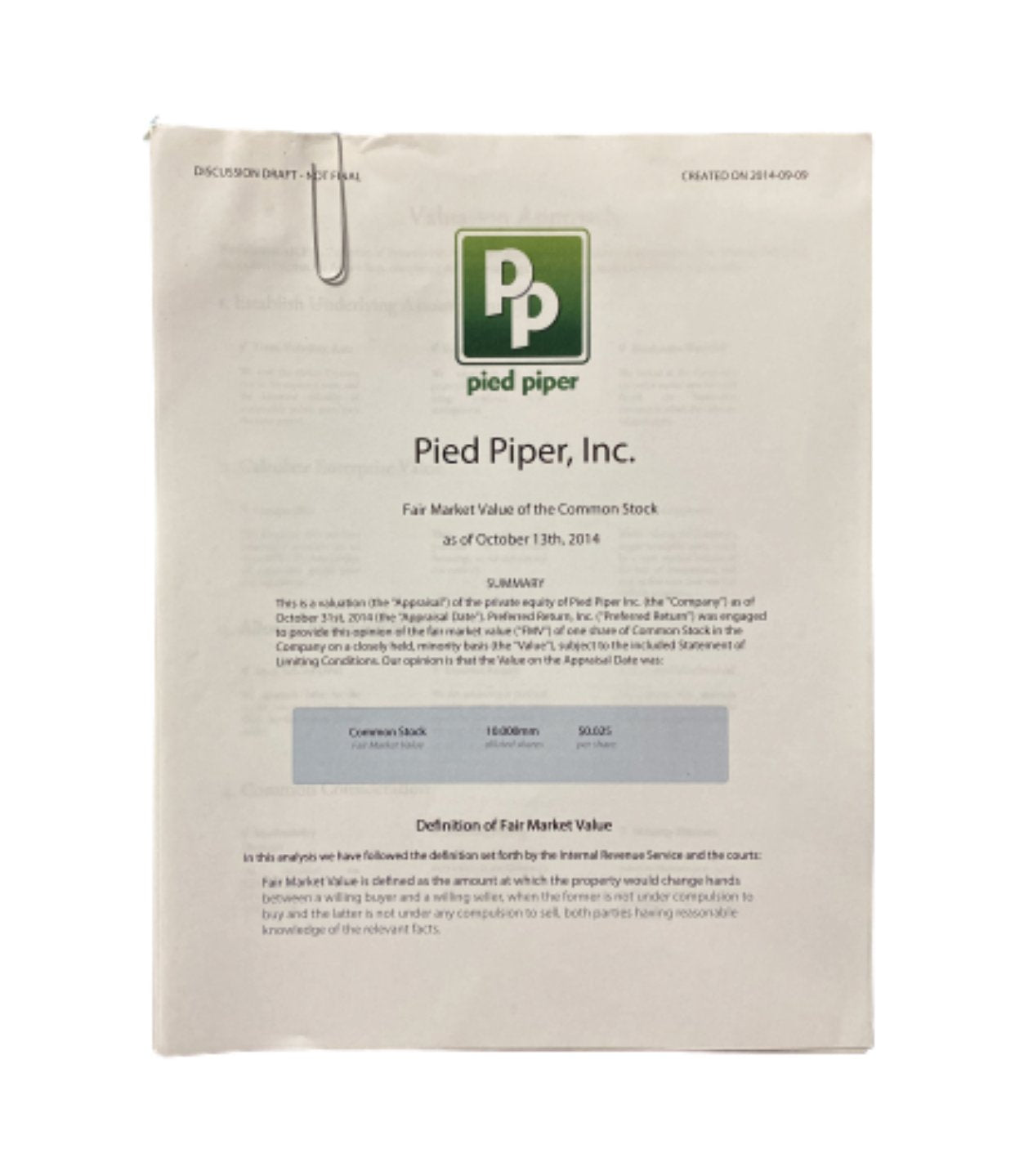SILICON VALLEY: Pied Piper Fair Market Value of the Common Stock