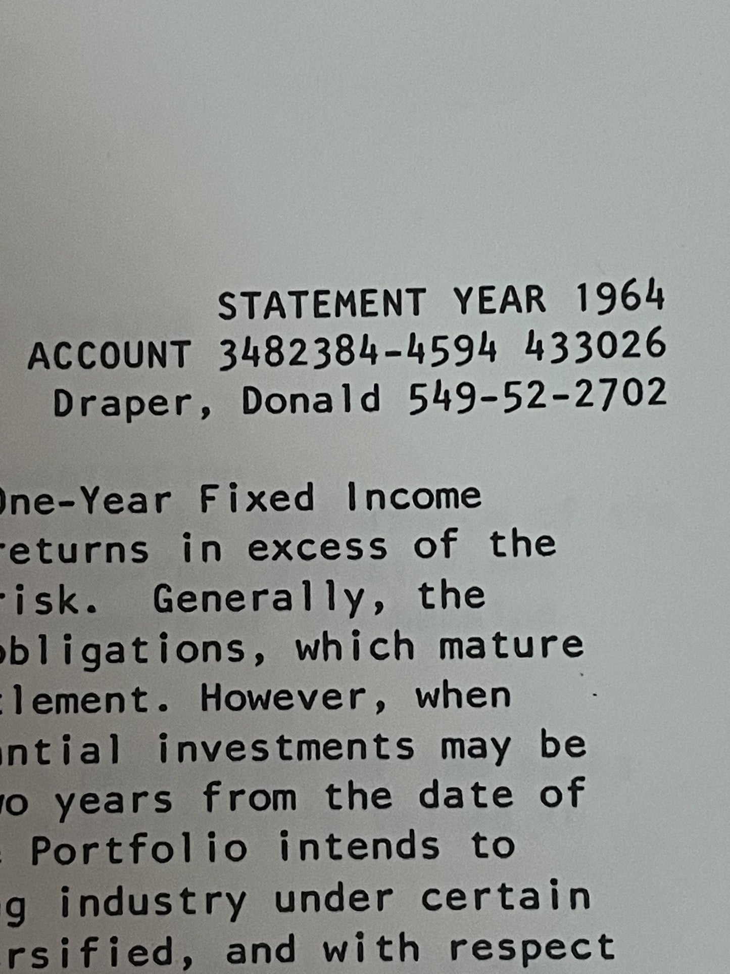 Mad Men: Don's 1964 Guaratee Trust Savings Bank Statement