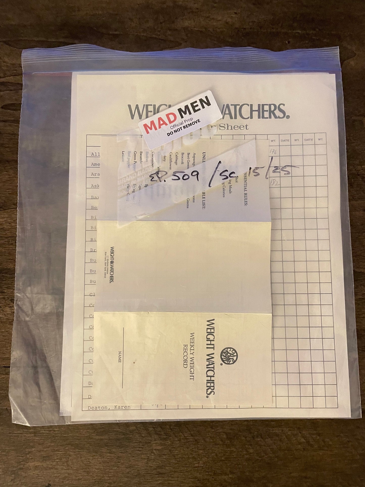 Mad Men: Betty’s Ep. 509 Sc. 15, 25 Weight Watcher's Sign In Sheet and small Booklet