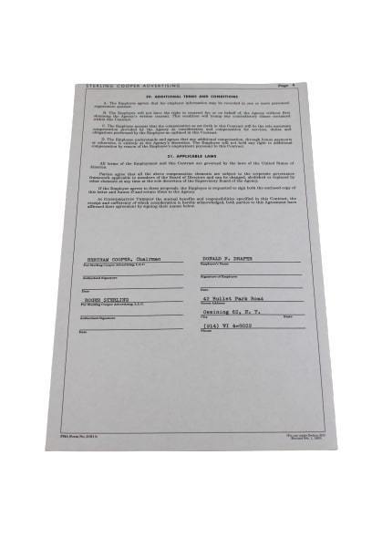 MAD MEN: Don and Berts Sterling Cooper Advertising Terms & Conditions Signature Page and Business Cards