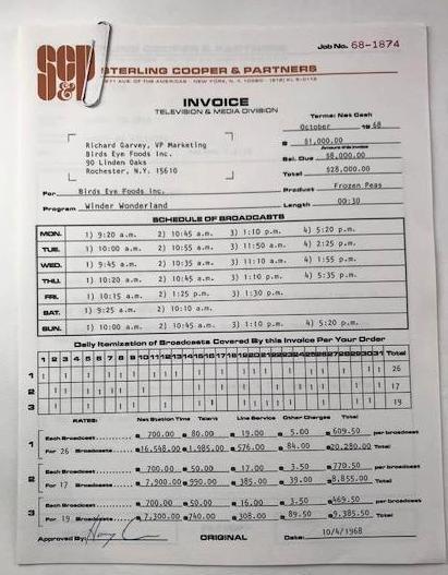 Mad Men: Harry Crane to Richard Garvey - Betty's Birds Eye Food Invoice